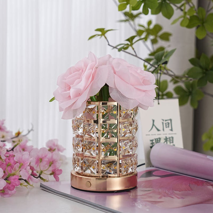 Lampe de table LED rechargeable par USB avec lumière de nuit pour chambre à coucher, moderne, Art Déco, tissu simulé, fleur de rose, cristal carré, matériel 