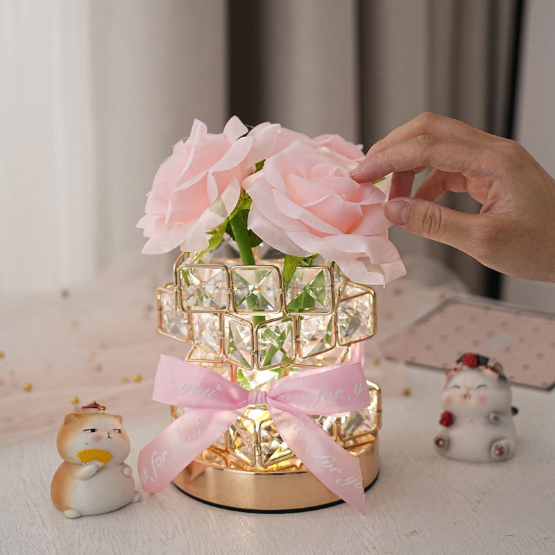 Lampe de table LED rechargeable par USB avec lumière de nuit pour chambre à coucher, moderne, Art Déco, tissu simulé, fleur de rose, cristal carré, matériel 