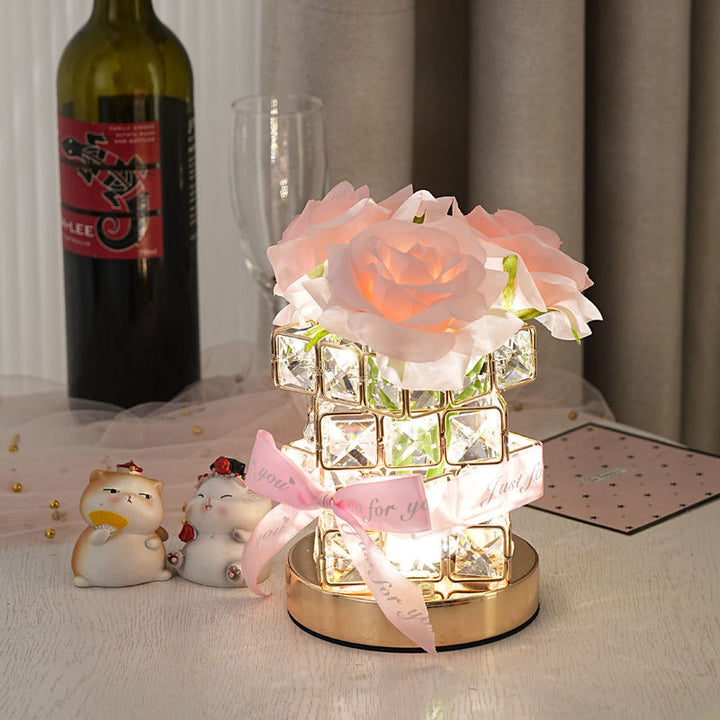 Lampe de table LED rechargeable par USB avec lumière de nuit pour chambre à coucher, moderne, Art Déco, tissu simulé, fleur de rose, cristal carré, matériel 