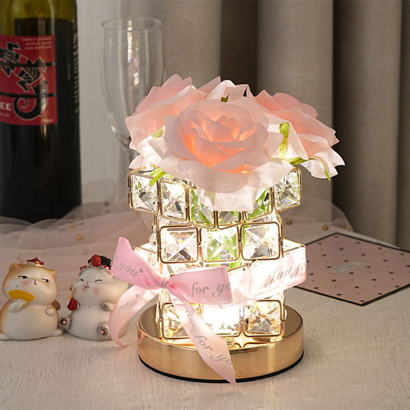 Lampe de table LED rechargeable par USB avec lumière de nuit pour chambre à coucher, moderne, Art Déco, tissu simulé, fleur de rose, cristal carré, matériel 