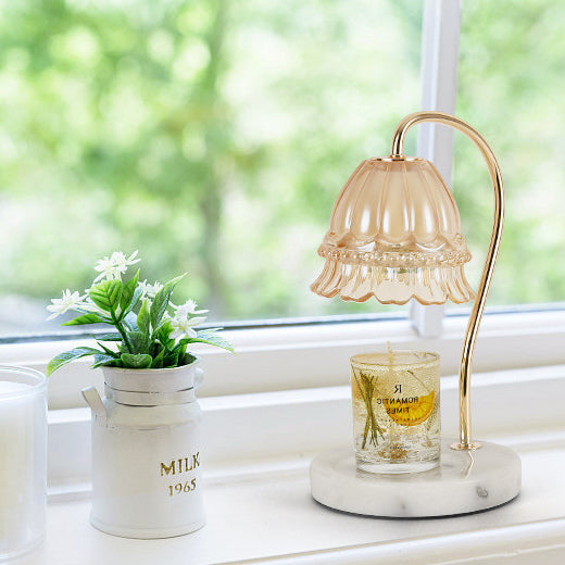 Pantalla de vidrio de flor europea tradicional, hardware de mármol, lámpara de mesa de 1 luz con cera derretida para mesita de noche 
