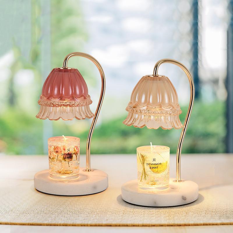 Pantalla de vidrio de flor europea tradicional, hardware de mármol, lámpara de mesa de 1 luz con cera derretida para mesita de noche 