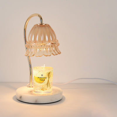 Pantalla de vidrio de flor europea tradicional, hardware de mármol, lámpara de mesa de 1 luz con cera derretida para mesita de noche 