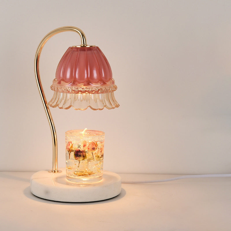 Pantalla de vidrio de flor europea tradicional, hardware de mármol, lámpara de mesa de 1 luz con cera derretida para mesita de noche 