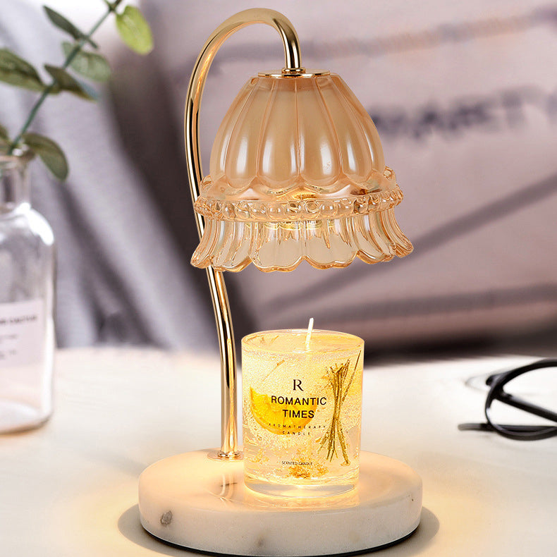 Pantalla de vidrio de flor europea tradicional, hardware de mármol, lámpara de mesa de 1 luz con cera derretida para mesita de noche 