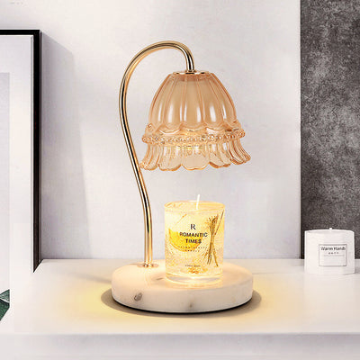 Pantalla de vidrio de flor europea tradicional, hardware de mármol, lámpara de mesa de 1 luz con cera derretida para mesita de noche 
