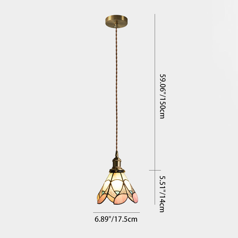Abat-jour conique en verre teinté à motif floral traditionnel Tiffany en laiton, suspension à 1 lumière pour salon 