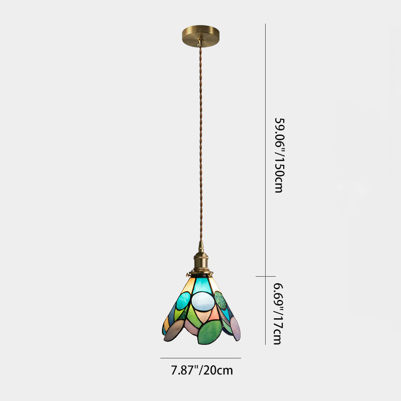 Abat-jour conique en verre teinté à motif floral traditionnel Tiffany en laiton, suspension à 1 lumière pour salon 