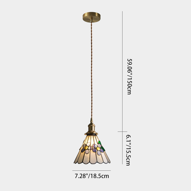 Abat-jour conique en verre teinté à motif floral traditionnel Tiffany en laiton, suspension à 1 lumière pour salon 