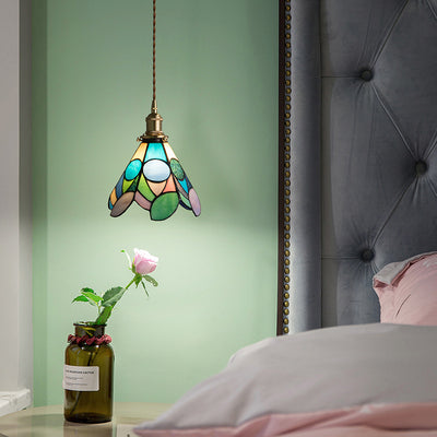 Traditionelles Tiffany-Blumenmuster aus Buntglas, konischer Schirm, Messing, 1-Licht-Pendelleuchte für das Wohnzimmer 