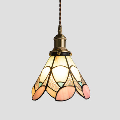 Traditionelles Tiffany-Blumenmuster aus Buntglas, konischer Schirm, Messing, 1-Licht-Pendelleuchte für das Wohnzimmer 