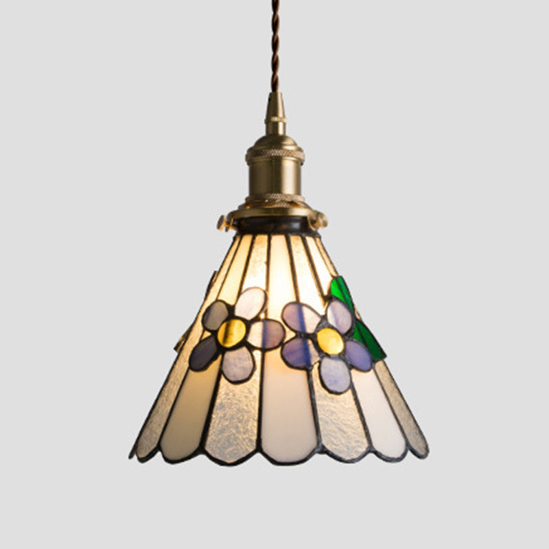 Traditionelles Tiffany-Blumenmuster aus Buntglas, konischer Schirm, Messing, 1-Licht-Pendelleuchte für das Wohnzimmer 