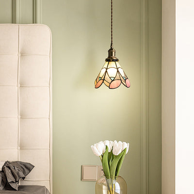 Traditionelles Tiffany-Blumenmuster aus Buntglas, konischer Schirm, Messing, 1-Licht-Pendelleuchte für das Wohnzimmer 