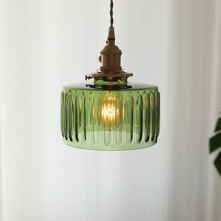 Traditional Vintage Ribbed Glass Cylinder Shade Brass 1-Light Pendant Light For Living Room