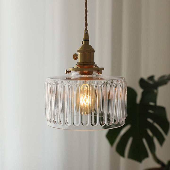 Traditional Vintage Ribbed Glass Cylinder Shade Brass 1-Light Pendant Light For Living Room
