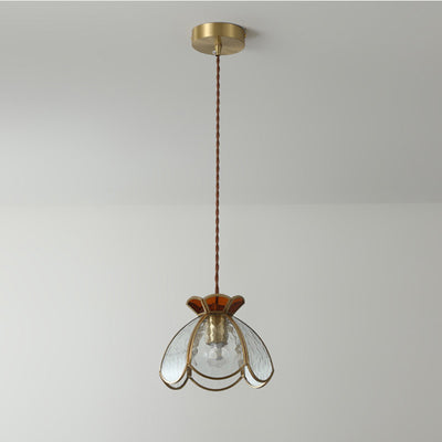 Cadre en laiton japonais traditionnel avec verre ondulé dépoli en forme de pétale, suspension à 1 lumière pour le salon 