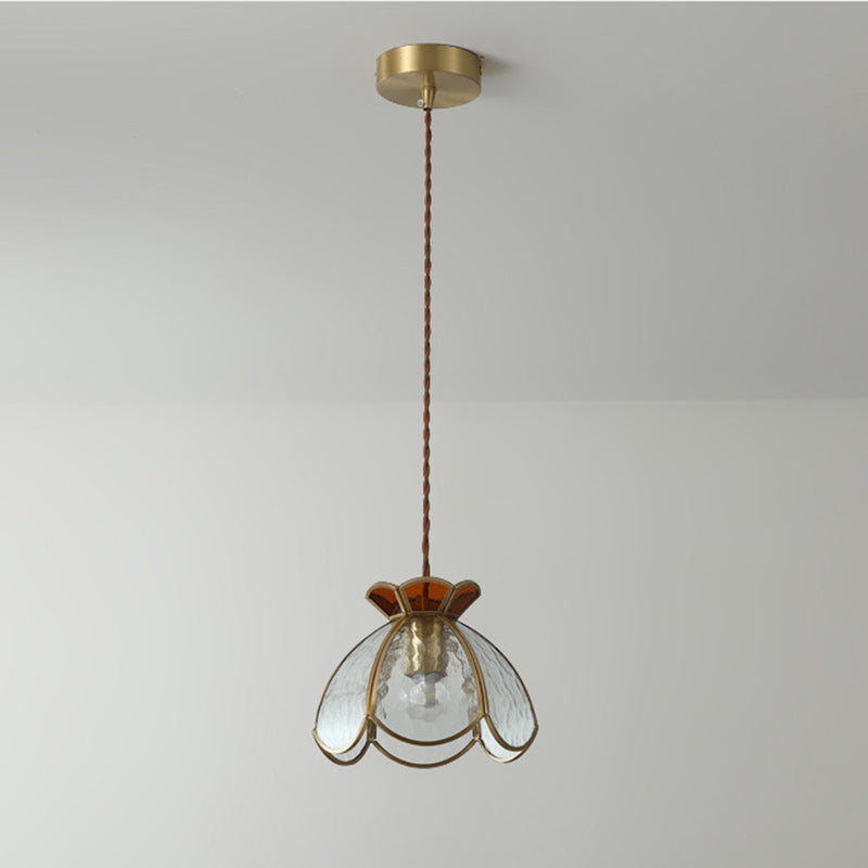 Cadre en laiton japonais traditionnel avec verre ondulé dépoli en forme de pétale, suspension à 1 lumière pour le salon 