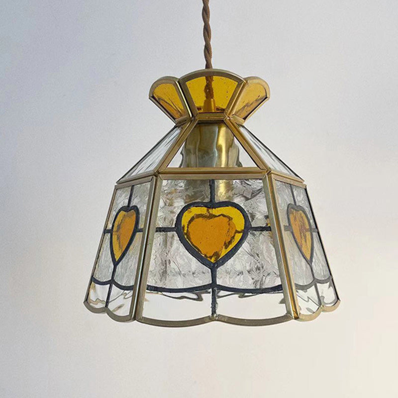 Cadre en laiton japonais traditionnel avec verre ondulé dépoli en forme de pétale, suspension à 1 lumière pour le salon 