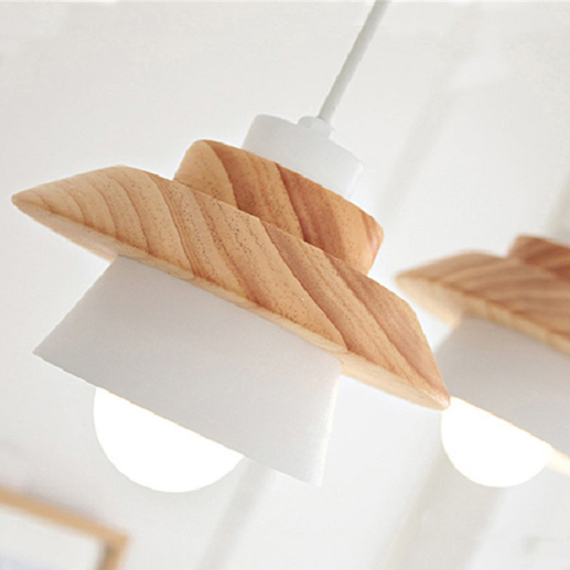 Zeitgenössische skandinavische geometrische Zylinder-Eisen-Schirm-Holzmaserung 1-Licht-Pendelleuchte für das Wohnzimmer 