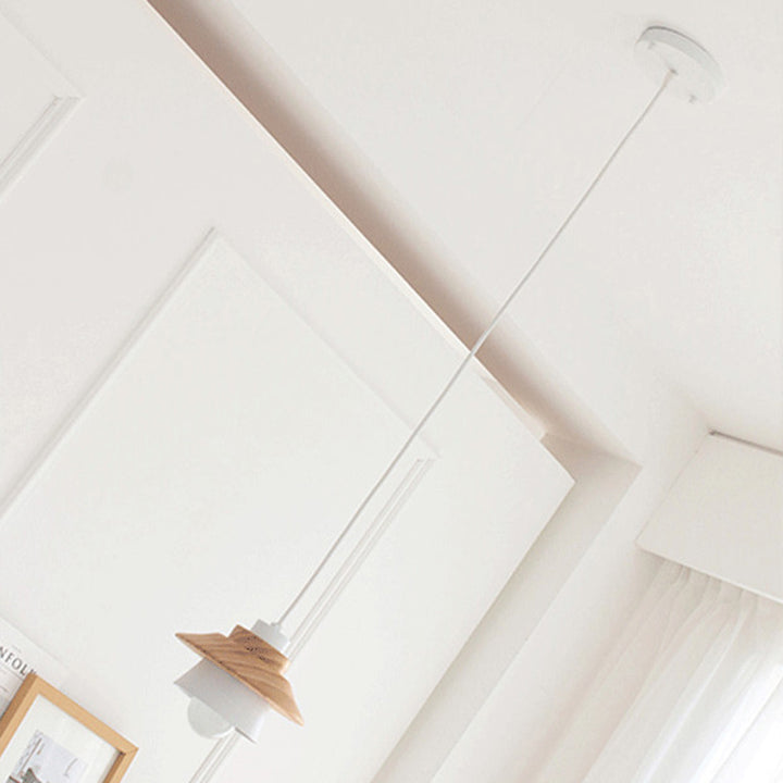 Cylindre Géométrique Scandinave Contemporain Abat-jour en Fer Grain de Bois 1-Lumière Suspension Pour Salon 