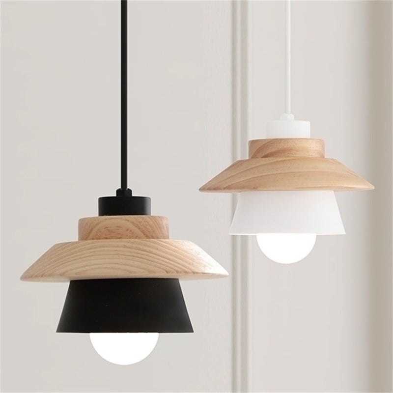 Zeitgenössische skandinavische geometrische Zylinder-Eisen-Schirm-Holzmaserung 1-Licht-Pendelleuchte für das Wohnzimmer 
