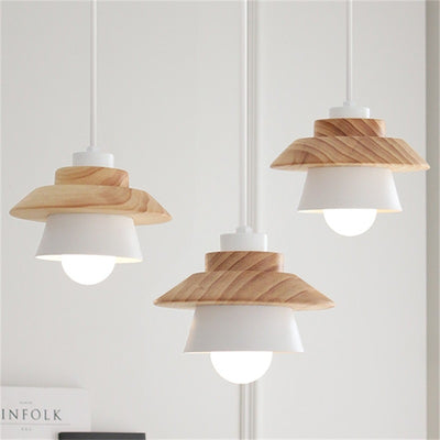 Zeitgenössische skandinavische geometrische Zylinder-Eisen-Schirm-Holzmaserung 1-Licht-Pendelleuchte für das Wohnzimmer 
