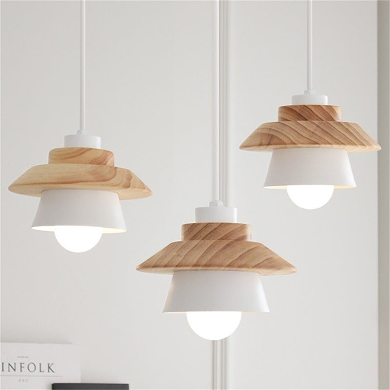 Zeitgenössische skandinavische geometrische Zylinder-Eisen-Schirm-Holzmaserung 1-Licht-Pendelleuchte für das Wohnzimmer 