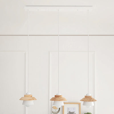 Zeitgenössische skandinavische geometrische Zylinder-Eisen-Schirm-Holzmaserung 1-Licht-Pendelleuchte für das Wohnzimmer 