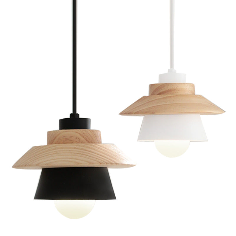 Zeitgenössische skandinavische geometrische Zylinder-Eisen-Schirm-Holzmaserung 1-Licht-Pendelleuchte für das Wohnzimmer 