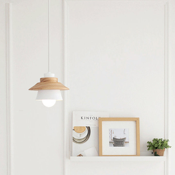 Cylindre Géométrique Scandinave Contemporain Abat-jour en Fer Grain de Bois 1-Lumière Suspension Pour Salon 