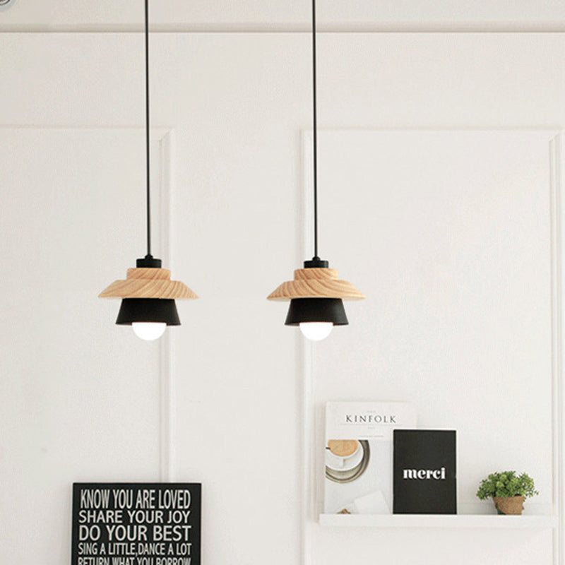 Cylindre Géométrique Scandinave Contemporain Abat-jour en Fer Grain de Bois 1-Lumière Suspension Pour Salon 