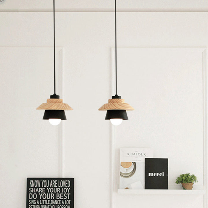 Cylindre Géométrique Scandinave Contemporain Abat-jour en Fer Grain de Bois 1-Lumière Suspension Pour Salon 