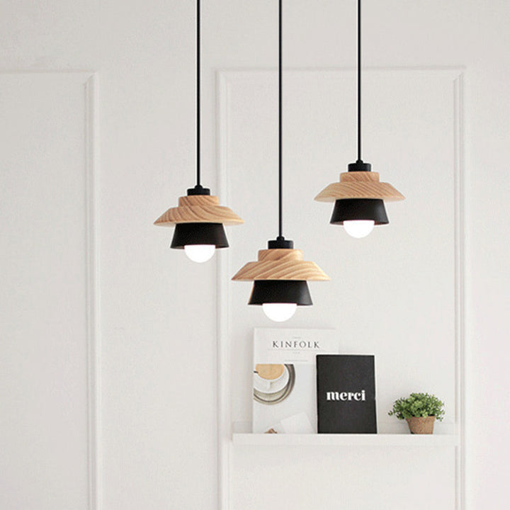 Cylindre Géométrique Scandinave Contemporain Abat-jour en Fer Grain de Bois 1-Lumière Suspension Pour Salon 