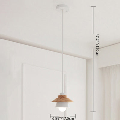 Zeitgenössische skandinavische geometrische Zylinder-Eisen-Schirm-Holzmaserung 1-Licht-Pendelleuchte für das Wohnzimmer 