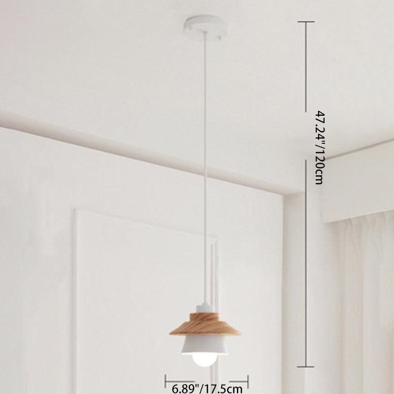 Zeitgenössische skandinavische geometrische Zylinder-Eisen-Schirm-Holzmaserung 1-Licht-Pendelleuchte für das Wohnzimmer 