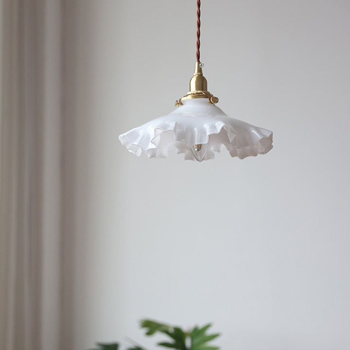 Traditional French White Jade Glass Flower Shade Brass 1-Light Pendant Light For Living Room
