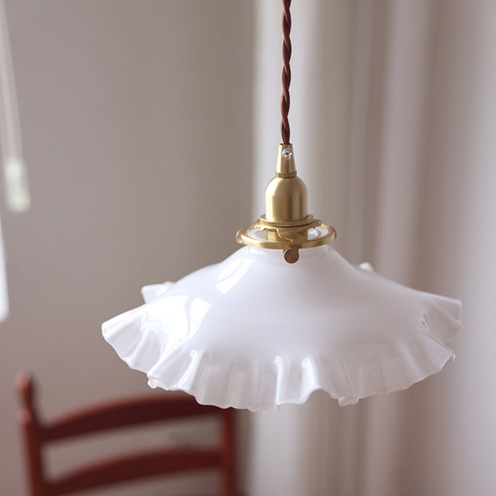 Traditional French White Jade Glass Flower Shade Brass 1-Light Pendant Light For Living Room