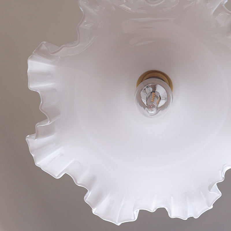 Traditional French White Jade Glass Flower Shade Brass 1-Light Pendant Light For Living Room