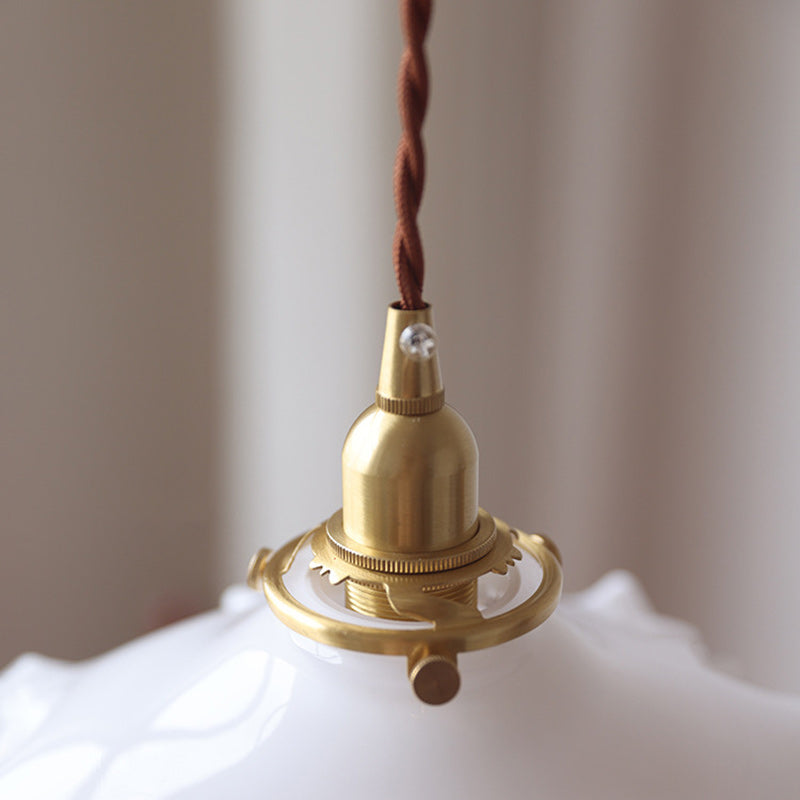 Traditional French White Jade Glass Flower Shade Brass 1-Light Pendant Light For Living Room