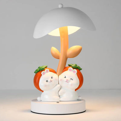 Zeitgenössische kreative Harzkaninchen-Dekor Eisenpilz-Schirm LED-Nachtlicht Tischlampe für Schlafzimmer 