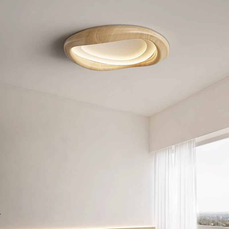 Plafonnier LED moderne minimaliste en forme de cercle iceberg avec abat-jour en grain de bois et fer pour chambre à coucher 