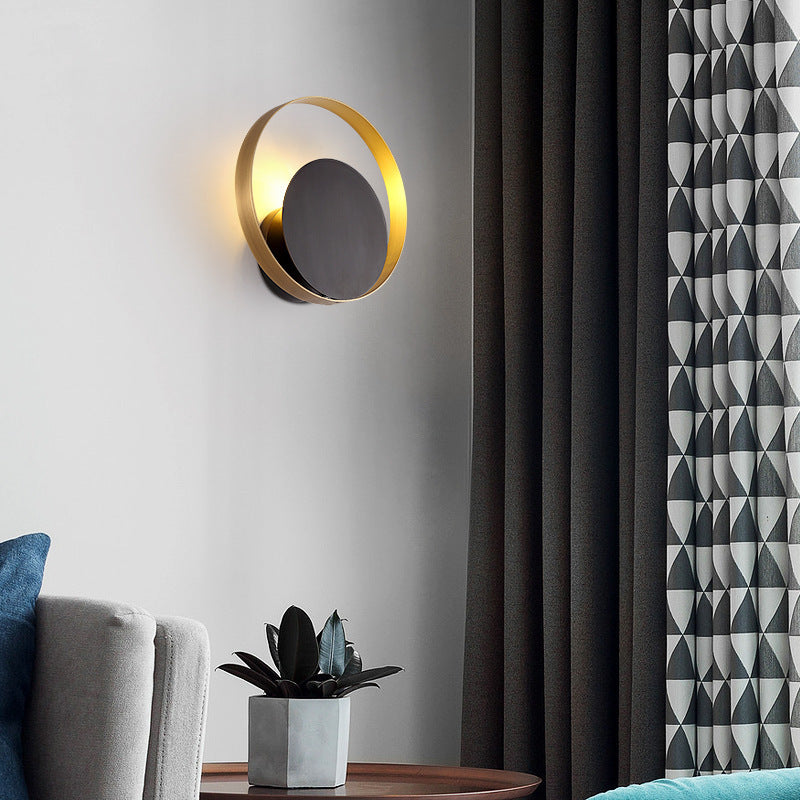Moderne Mid-Century Vollkupfer Geometrischer Kreis Ring 1-Licht Wandlampe Für Wohnzimmer 