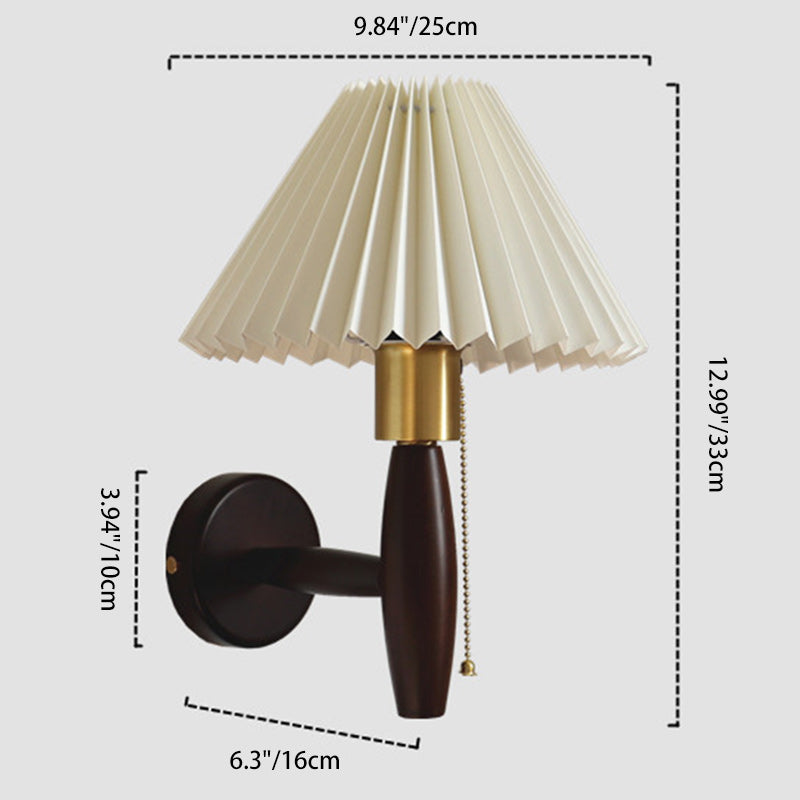 Traditional French PVC Pleated Tapered Shade Solid Wood Brass 1-Light Wall Sconce Lamp For Living Room