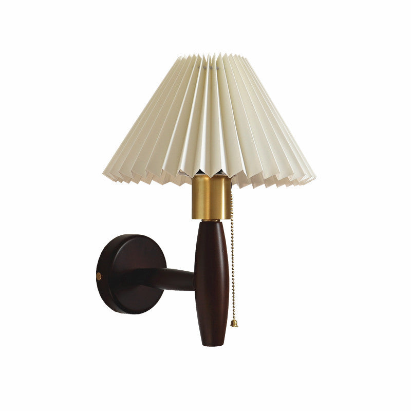 Traditional French PVC Pleated Tapered Shade Solid Wood Brass 1-Light Wall Sconce Lamp For Living Room