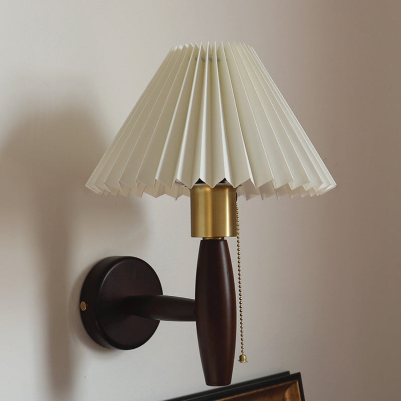 Traditional French PVC Pleated Tapered Shade Solid Wood Brass 1-Light Wall Sconce Lamp For Living Room