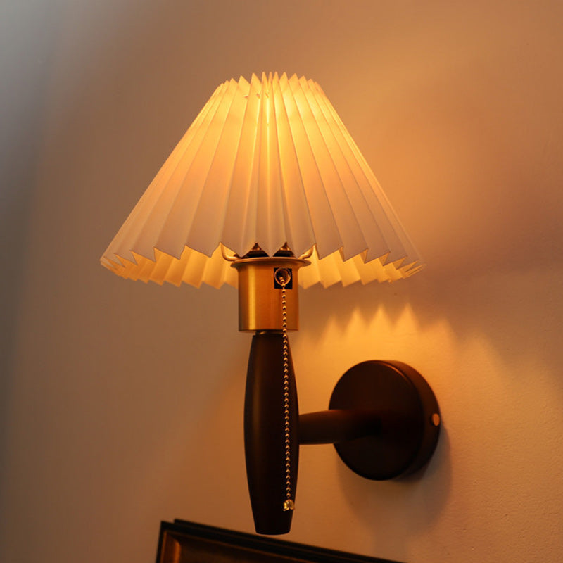 Traditional French PVC Pleated Tapered Shade Solid Wood Brass 1-Light Wall Sconce Lamp For Living Room