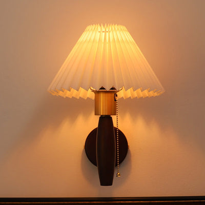 Traditional French PVC Pleated Tapered Shade Solid Wood Brass 1-Light Wall Sconce Lamp For Living Room