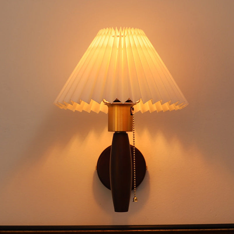 Traditional French PVC Pleated Tapered Shade Solid Wood Brass 1-Light Wall Sconce Lamp For Living Room