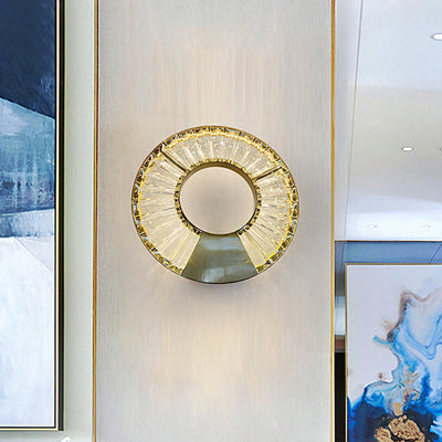 Moderno ecléctico anillo de círculo de acero inoxidable deslumbrante cristal LED aplique de pared lámpara para dormitorio 