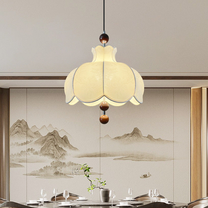 Moderne Shabby Chic bedruckter Stoff Blumenmuster Massivholz 3-Licht Pendelleuchte für Wohnzimmer 